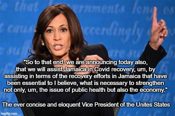 Another gem by the first in line for the Presidency after the Potato and Chief | "So to that end, we are announcing today also, that we will assist Jamaica in Covid recovery, um, by assisting in terms of the recovery efforts in Jamaica that have been essential to I believe, what is necessary to strengthen not only, um, the issue of public health but also the economy."; The ever concise and eloquent Vice President of the Unites States | image tagged in kamala harris,smart,intelligence,brave,moron | made w/ Imgflip meme maker