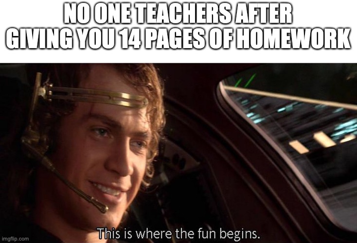 ahhhhhhhh! | NO ONE TEACHERS AFTER GIVING YOU 14 PAGES OF HOMEWORK | image tagged in this is where the fun begins,fun,funny,memes,middle school | made w/ Imgflip meme maker
