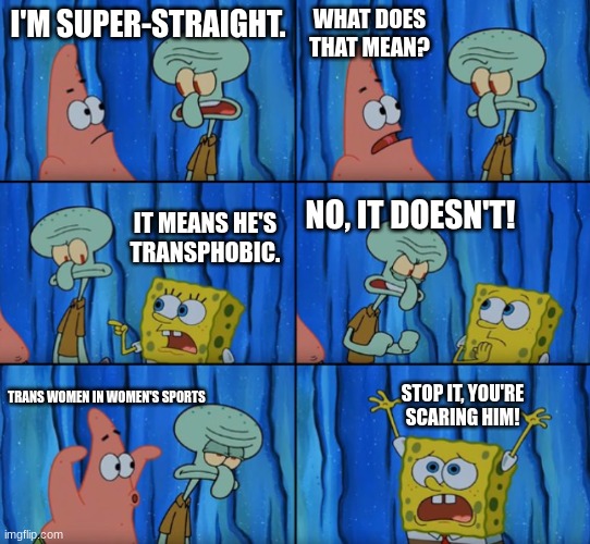 "Super-Straights" | WHAT DOES THAT MEAN? I'M SUPER-STRAIGHT. IT MEANS HE'S TRANSPHOBIC. NO, IT DOESN'T! STOP IT, YOU'RE SCARING HIM! TRANS WOMEN IN WOMEN'S SPORTS | image tagged in stop it patrick you're scaring him correct text boxes | made w/ Imgflip meme maker