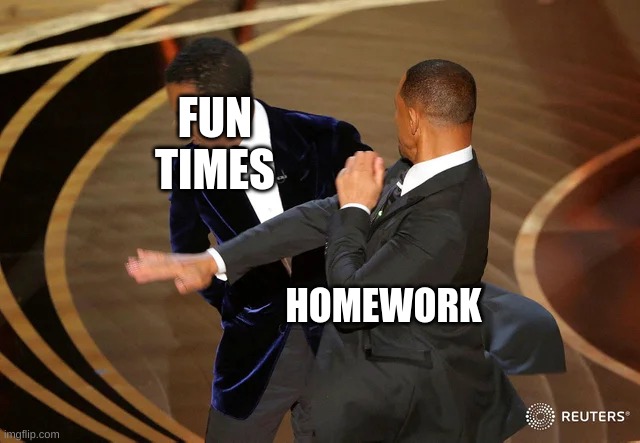 true |  FUN TIMES; HOMEWORK | image tagged in will smith punching chris rock | made w/ Imgflip meme maker
