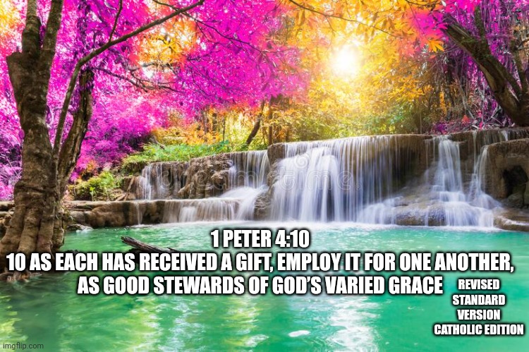 Spiritual Gift | 1 PETER 4:10
10 AS EACH HAS RECEIVED A GIFT, EMPLOY IT FOR ONE ANOTHER, AS GOOD STEWARDS OF GOD’S VARIED GRACE; REVISED STANDARD VERSION CATHOLIC EDITION | image tagged in catholic,gift,inspirational,love,work,bible | made w/ Imgflip meme maker