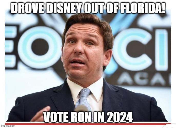 Vote Ron DeSantis - Single handedly drove Disney from Florida | DROVE DISNEY OUT OF FLORIDA! VOTE RON IN 2024 | image tagged in ron desantis,disney,republican,trump,fascism,homophobia | made w/ Imgflip meme maker
