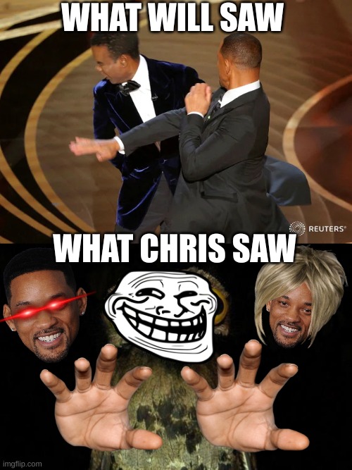 WHAT WILL SAW; WHAT CHRIS SAW | image tagged in will smith punching chris rock,memes,weird stuff i do potoo | made w/ Imgflip meme maker