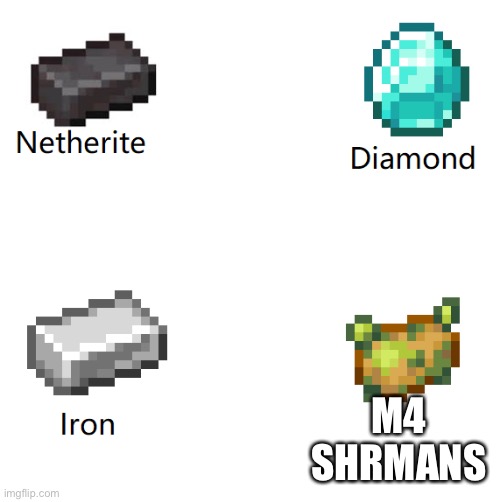 M4 shermans | M4 SHERMANS | image tagged in netherite diamond iron | made w/ Imgflip meme maker