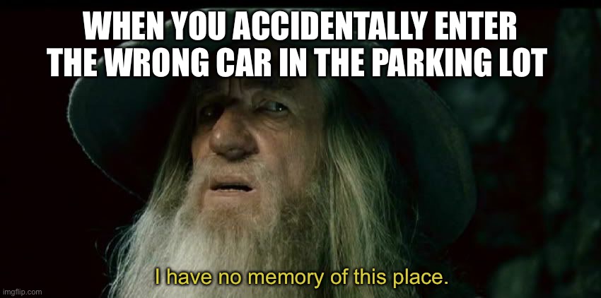 CONFUSED GANDALF |  WHEN YOU ACCIDENTALLY ENTER THE WRONG CAR IN THE PARKING LOT; I have no memory of this place. | image tagged in confused gandalf,car meme,parking lot | made w/ Imgflip meme maker
