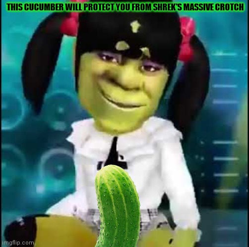 But why? Why would you do that? | THIS CUCUMBER WILL PROTECT YOU FROM SHREK'S MASSIVE CROTCH | image tagged in but why why would you do that,shrek,cursed image,its time to stop,giant dong | made w/ Imgflip meme maker