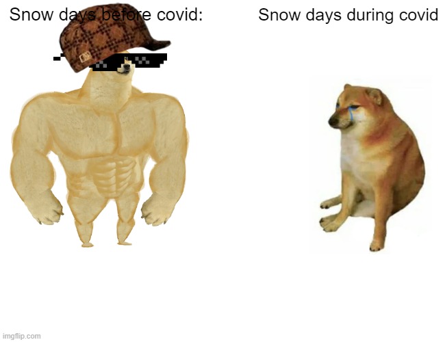 Buff Doge vs. Cheems | Snow days before covid:; Snow days during covid | image tagged in memes,buff doge vs cheems | made w/ Imgflip meme maker