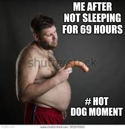 ME AFTER NOT SLEEPING FOR 69 HOURS; # HOT DOG MOMENT | image tagged in too many hot dogs | made w/ Imgflip meme maker