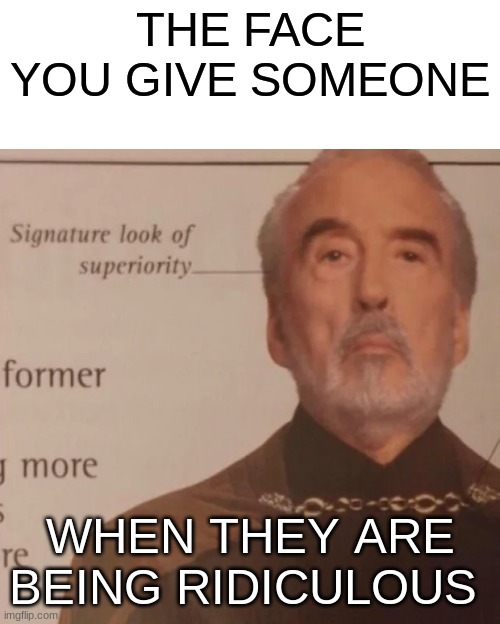 Superiority | THE FACE YOU GIVE SOMEONE; WHEN THEY ARE BEING RIDICULOUS | image tagged in signature look of superiority | made w/ Imgflip meme maker