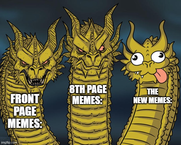 Whats ironic is that this will start as a new meme XD | 8TH PAGE MEMES:; THE NEW MEMES:; FRONT PAGE MEMES: | image tagged in three-headed dragon | made w/ Imgflip meme maker