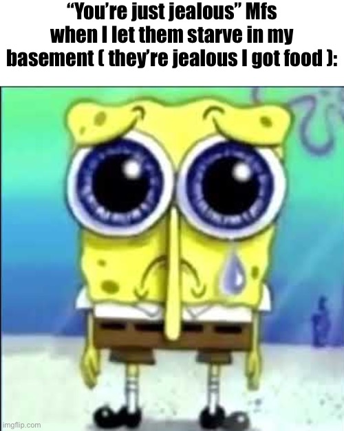 Sad Spongebob | “You’re just jealous” Mfs when I let them starve in my basement ( they’re jealous I got food ): | image tagged in sad spongebob | made w/ Imgflip meme maker