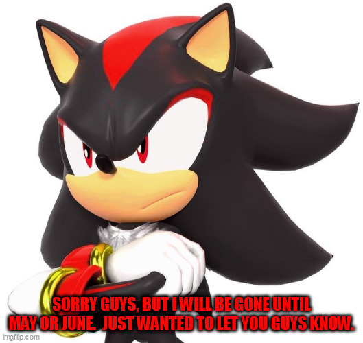 I got grounded, sorry! | SORRY GUYS, BUT I WILL BE GONE UNTIL MAY OR JUNE.  JUST WANTED TO LET YOU GUYS KNOW. | image tagged in shadow the hedgehog | made w/ Imgflip meme maker
