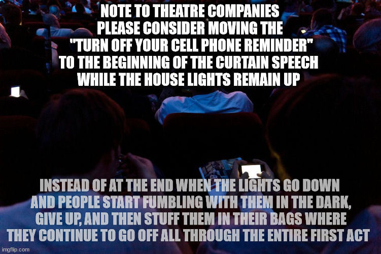 Cell Phone Challenge | NOTE TO THEATRE COMPANIES

PLEASE CONSIDER MOVING THE
 "TURN OFF YOUR CELL PHONE REMINDER"
TO THE BEGINNING OF THE CURTAIN SPEECH 
WHILE THE HOUSE LIGHTS REMAIN UP; INSTEAD OF AT THE END WHEN THE LIGHTS GO DOWN 
AND PEOPLE START FUMBLING WITH THEM IN THE DARK, GIVE UP, AND THEN STUFF THEM IN THEIR BAGS WHERE THEY CONTINUE TO GO OFF ALL THROUGH THE ENTIRE FIRST ACT | image tagged in cell phone,theatre,theater | made w/ Imgflip meme maker