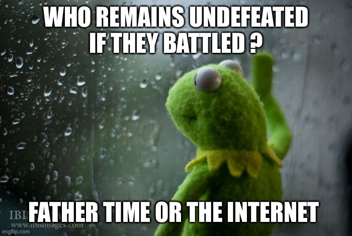 kermit window | WHO REMAINS UNDEFEATED IF THEY BATTLED ? FATHER TIME OR THE INTERNET | image tagged in kermit window | made w/ Imgflip meme maker