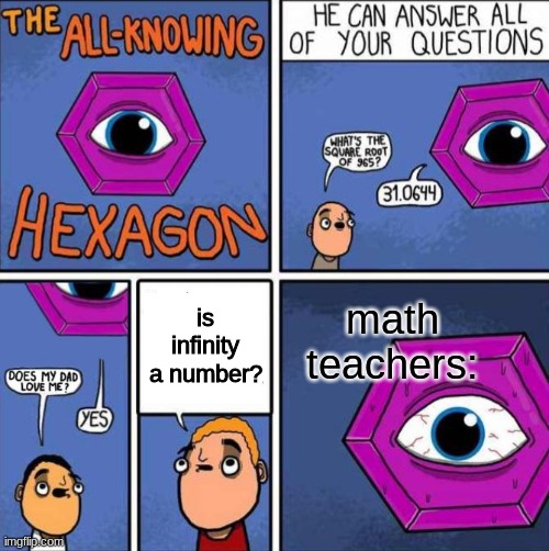 this question has confused many math teachers...... | is infinity a number? math teachers: | image tagged in all knowing hexagon original,math,confusing,questionable,which one | made w/ Imgflip meme maker