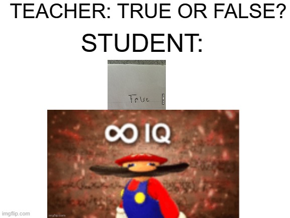 Blank White Template | STUDENT:; TEACHER: TRUE OR FALSE? | image tagged in blank white template | made w/ Imgflip meme maker