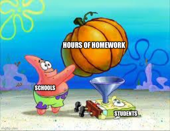 Schools and students | HOURS OF HOMEWORK; SCHOOLS; STUDENTS | image tagged in pumpkin spongebob | made w/ Imgflip meme maker
