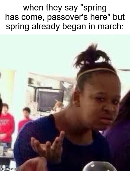 Bruh | when they say "spring has come, passover's here" but spring already began in march: | image tagged in bruh,passover,holidays,spring,judaism | made w/ Imgflip meme maker