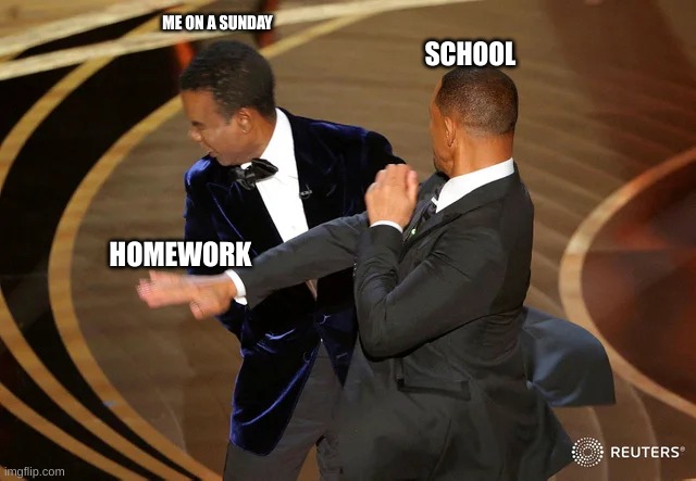 Will Smith punching Chris Rock | ME ON A SUNDAY; SCHOOL; HOMEWORK | image tagged in will smith punching chris rock | made w/ Imgflip meme maker