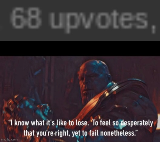 i up voted it dont worry | image tagged in thanos i know what it s like to lose | made w/ Imgflip meme maker