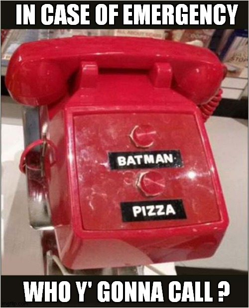 Choices ? |  IN CASE OF EMERGENCY; WHO Y' GONNA CALL ? | image tagged in fun,emergency,phone,batman,pizza | made w/ Imgflip meme maker