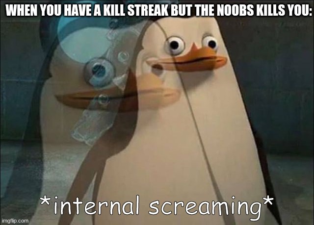 facts about games | WHEN YOU HAVE A KILL STREAK BUT THE NOOBS KILLS YOU: | image tagged in private internal screaming | made w/ Imgflip meme maker