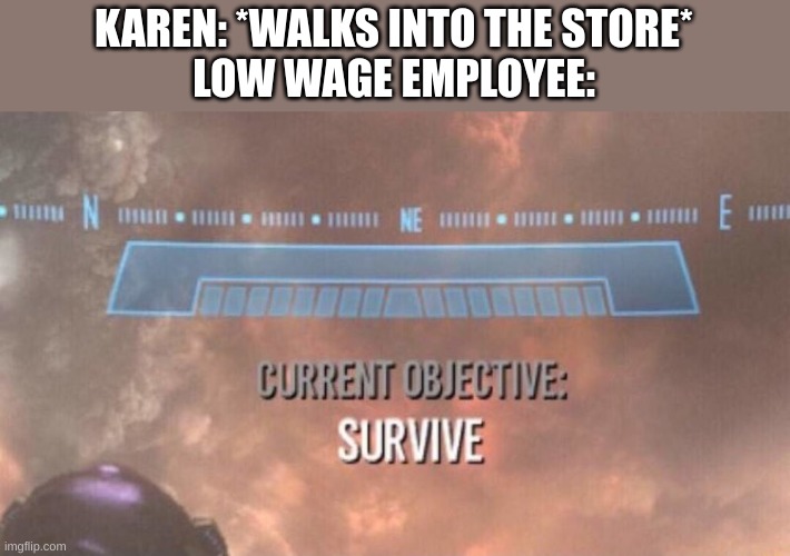 Current Objective: Survive | KAREN: *WALKS INTO THE STORE*
LOW WAGE EMPLOYEE: | image tagged in current objective survive | made w/ Imgflip meme maker