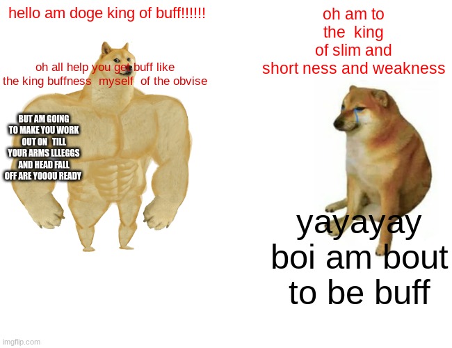 like this if you like dogs | hello am doge king of buff!!!!!! oh am to the  king of slim and short ness and weakness; oh all help you get buff like the king buffness  myself  of the obvise; BUT AM GOING TO MAKE YOU WORK OUT ON   TILL YOUR ARMS LLLEGGS AND HEAD FALL OFF ARE YOOOU READY; yayayay boi am bout to be buff | image tagged in memes,buff doge vs cheems | made w/ Imgflip meme maker