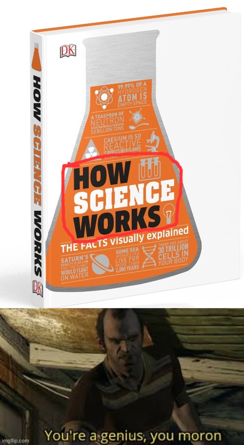"How Science Works?" What kind of book title is that? | image tagged in youre a genius you moron | made w/ Imgflip meme maker