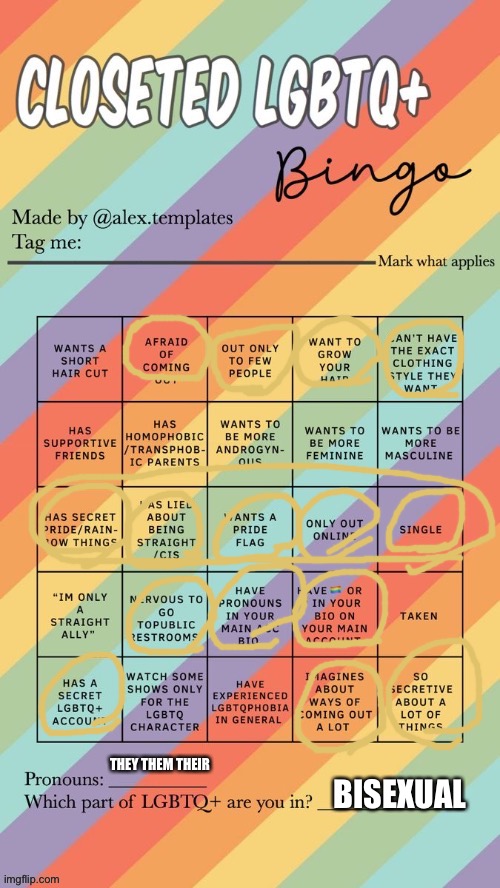 Closeted LGBTQ+ Bingo | THEY THEM THEIR; BISEXUAL | image tagged in closeted lgbtq bingo | made w/ Imgflip meme maker