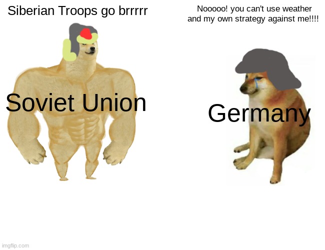 Buff Doge vs. Cheems Meme | Siberian Troops go brrrrr; Nooooo! you can't use weather and my own strategy against me!!!! Soviet Union; Germany | image tagged in memes,buff doge vs cheems | made w/ Imgflip meme maker