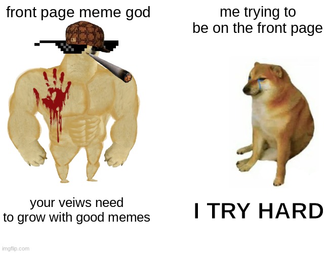 bro help me ;) | front page meme god; me trying to be on the front page; your veiws need to grow with good memes; I TRY HARD | image tagged in memes,buff doge vs cheems | made w/ Imgflip meme maker