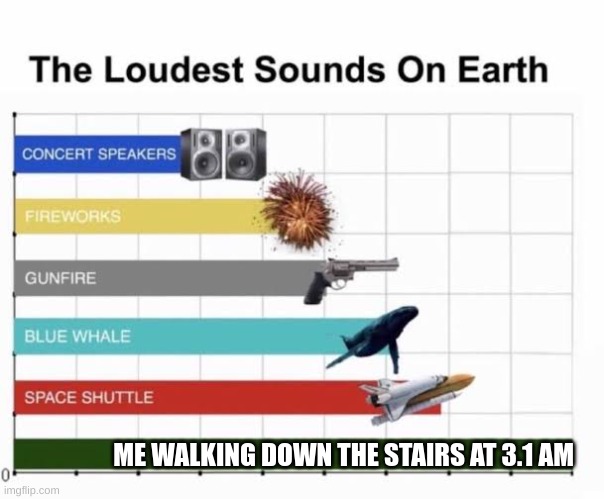 The Loudest Sounds on Earth | ME WALKING DOWN THE STAIRS AT 3.1 AM | image tagged in the loudest sounds on earth | made w/ Imgflip meme maker