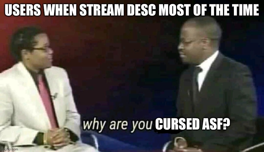 Admittedly, myself included | USERS WHEN STREAM DESC MOST OF THE TIME; CURSED ASF? | image tagged in why are you gay | made w/ Imgflip meme maker