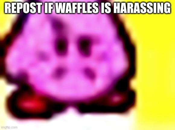 disapproved kirby | REPOST IF WAFFLES IS HARASSING | image tagged in disapproved kirby | made w/ Imgflip meme maker