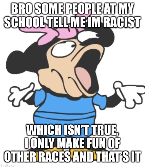 stupid white people | BRO SOME PEOPLE AT MY SCHOOL TELL ME IM RACIST; WHICH ISN’T TRUE, I ONLY MAKE FUN OF OTHER RACES AND THAT’S IT | image tagged in mommy pog | made w/ Imgflip meme maker