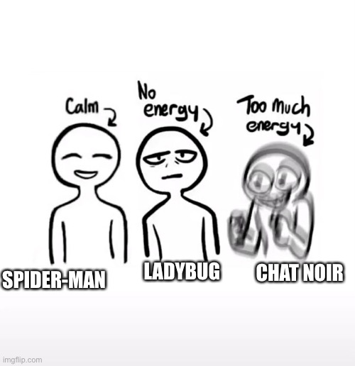 Calm, No energy, Too much energy | CHAT NOIR; SPIDER-MAN; LADYBUG | image tagged in calm no energy too much energy | made w/ Imgflip meme maker