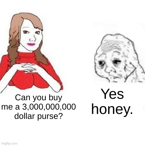 broke |  Yes honey. Can you buy me a 3,000,000,000 dollar purse? | image tagged in yes honey | made w/ Imgflip meme maker