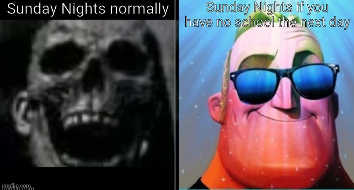 Might Be a Dead Template, but just using this for relatable stuff. | Sunday Nights normally; Sunday Nights if you have no school the next day | image tagged in mr incredible becoming canny | made w/ Imgflip meme maker