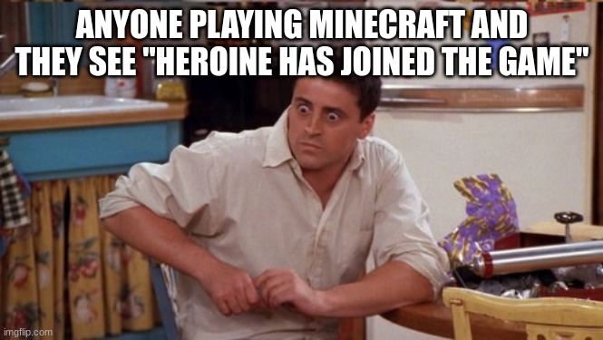 joey wide eyes | ANYONE PLAYING MINECRAFT AND THEY SEE "HEROINE HAS JOINED THE GAME" | image tagged in joey wide eyes | made w/ Imgflip meme maker