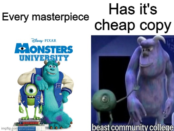 Who made Beast community college? | Every masterpiece; Has it's cheap copy | image tagged in monsters university vs beast community college,every masterpiece has its cheap copy | made w/ Imgflip meme maker
