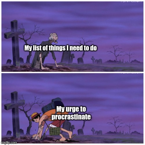recently started watching one piece... wish me luck | My list of things I need to do; My urge to procrastinate | image tagged in one piece | made w/ Imgflip meme maker