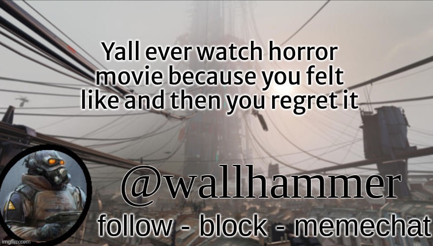 Wallhammer temp (thanks Bluehonu) | Yall ever watch horror movie because you felt like and then you regret it | image tagged in wallhammer temp thanks bluehonu | made w/ Imgflip meme maker