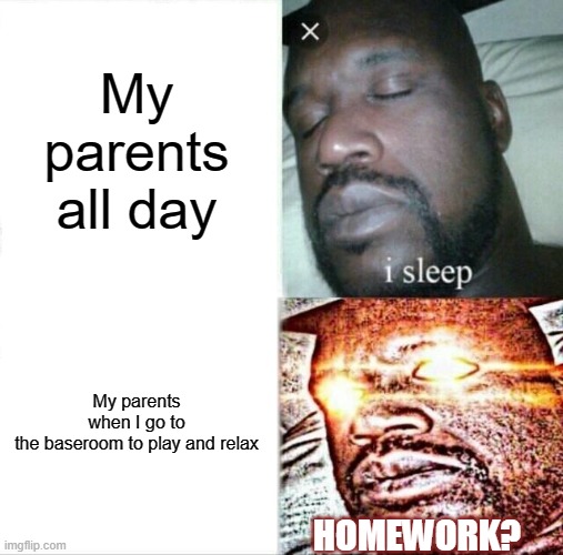 Meme of my strange life | My parents all day; My parents when I go to the baseroom to play and relax; HOMEWORK? | image tagged in memes,sleeping shaq | made w/ Imgflip meme maker