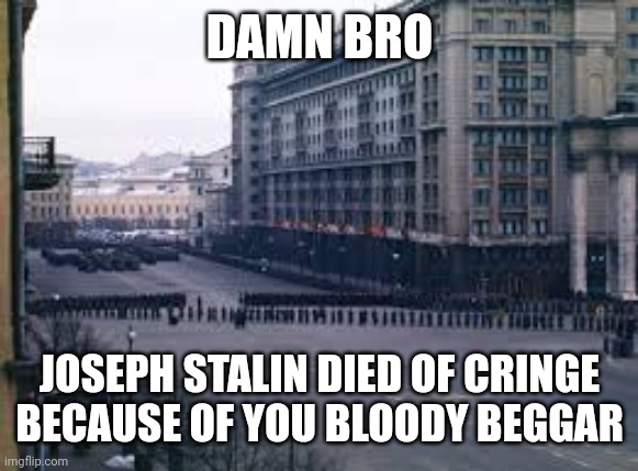 Send this to your enemy, or a cringe person |  DAMN BRO; JOSEPH STALIN DIED OF CRINGE BECAUSE OF YOU BLOODY BEGGAR | image tagged in memes,joseph stalin | made w/ Imgflip meme maker
