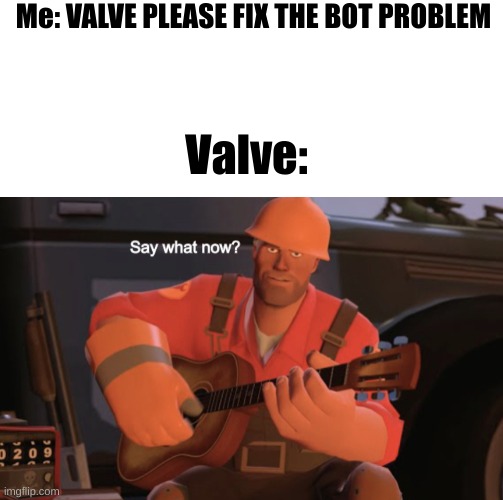 No but seriously | Me: VALVE PLEASE FIX THE BOT PROBLEM; Valve: | image tagged in say what now | made w/ Imgflip meme maker