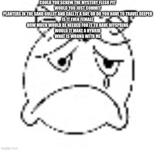 zad | COULD YOU SCREW THE MYSTERY FLESH PIT
WOULD YOU JUST COMMIT PLANTERS IN THE SAND GULLET AND CALL IT A DAY, OR DO YOU HAVE TO TRAVEL DEEPER
IS IT EVEN FEMALE
HOW MUCH WOULD BE NEEDED FOR IT TO HAVE OFFSPRING
WOULD IT MAKE A HYBRID
WHAT IS WRONG WITH ME | image tagged in zad | made w/ Imgflip meme maker