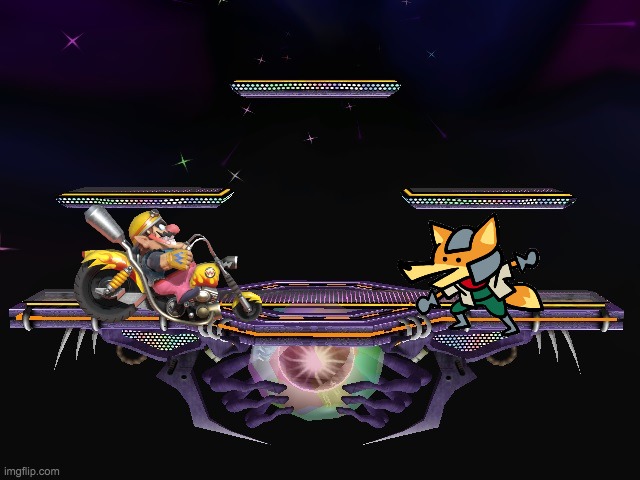 wario trying to fight melee fox while he's on his bike despite not knowing how powerful melee fox when he's against anyone besid | image tagged in ssbm battlefield | made w/ Imgflip meme maker