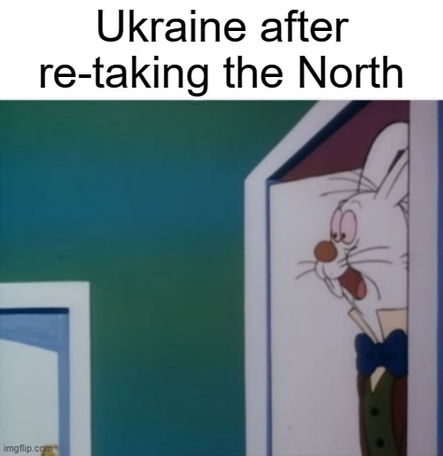 Now they can focus their efforts South and those cities will get a break | Ukraine after re-taking the North | image tagged in white rabbit hype | made w/ Imgflip meme maker
