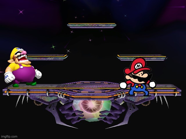 wario trying to fight speedrunner mario despite of his blj.mp3 | image tagged in ssbm battlefield | made w/ Imgflip meme maker